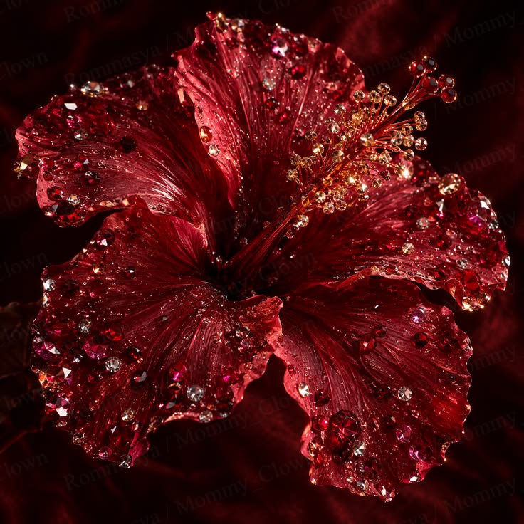 Deep red hibiscus flower glistening with droplets on dark velvet